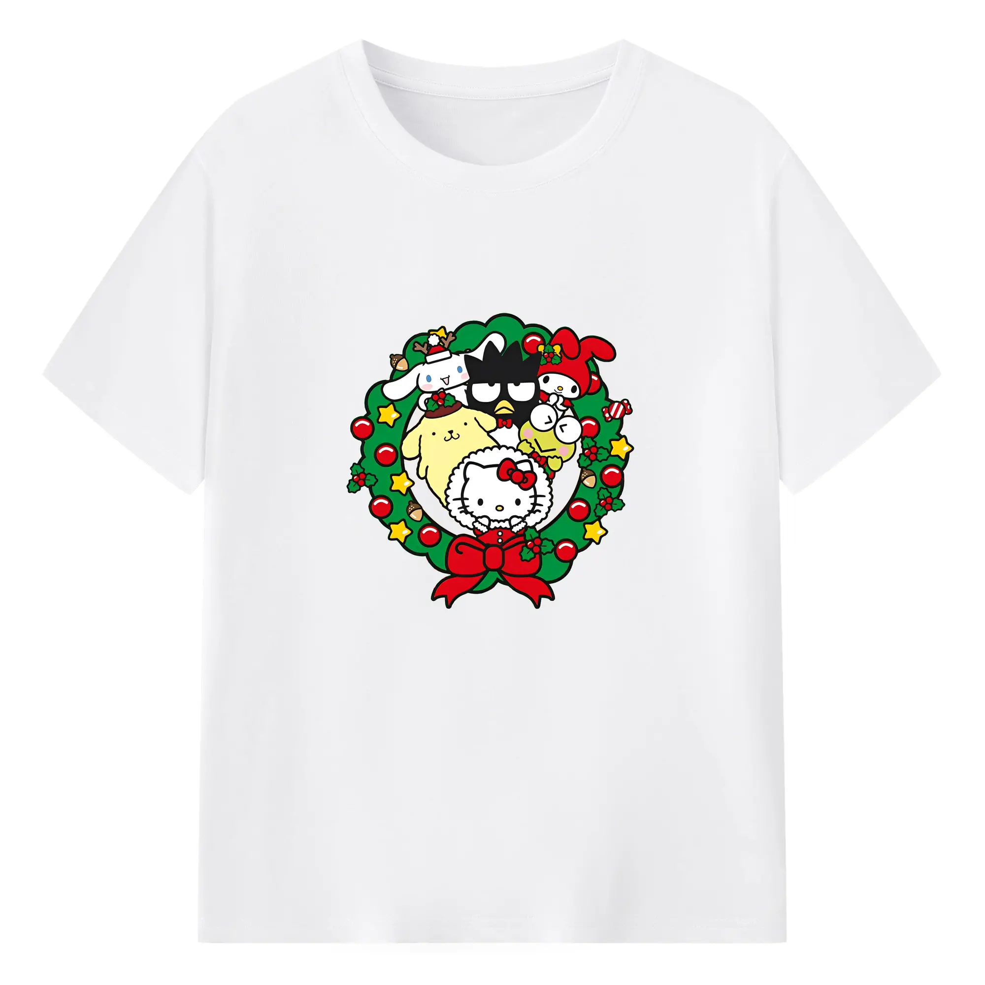 サンリオキャラクターズ クリスマス限定🎄 ツリー×リースの特別デザイン - 綿100％ 半袖Tシャツ ・ フロントプリント ・ 快適 通気性 ・ 日常使い 散歩 スポーツ用