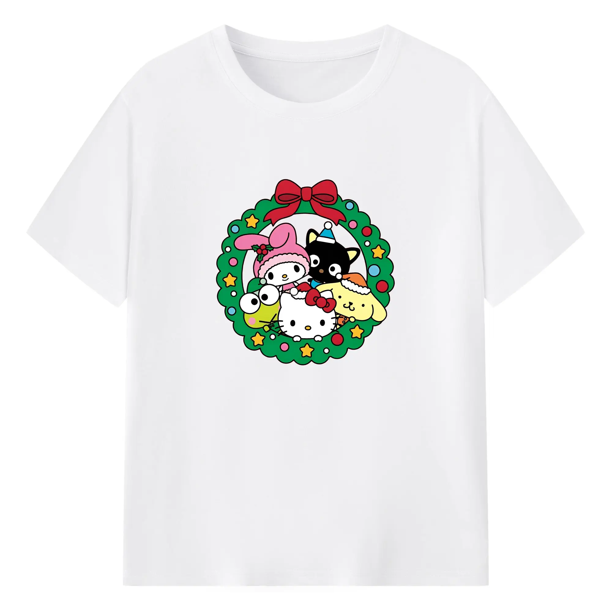 サンリオキャラ集合🎀 クリスマスリース柄 可愛すぎる季節限定シリーズ - 綿100％ 半袖Tシャツ ・ フロントプリント ・ 快適 通気性 ・ 日常使い 散歩 スポーツ用