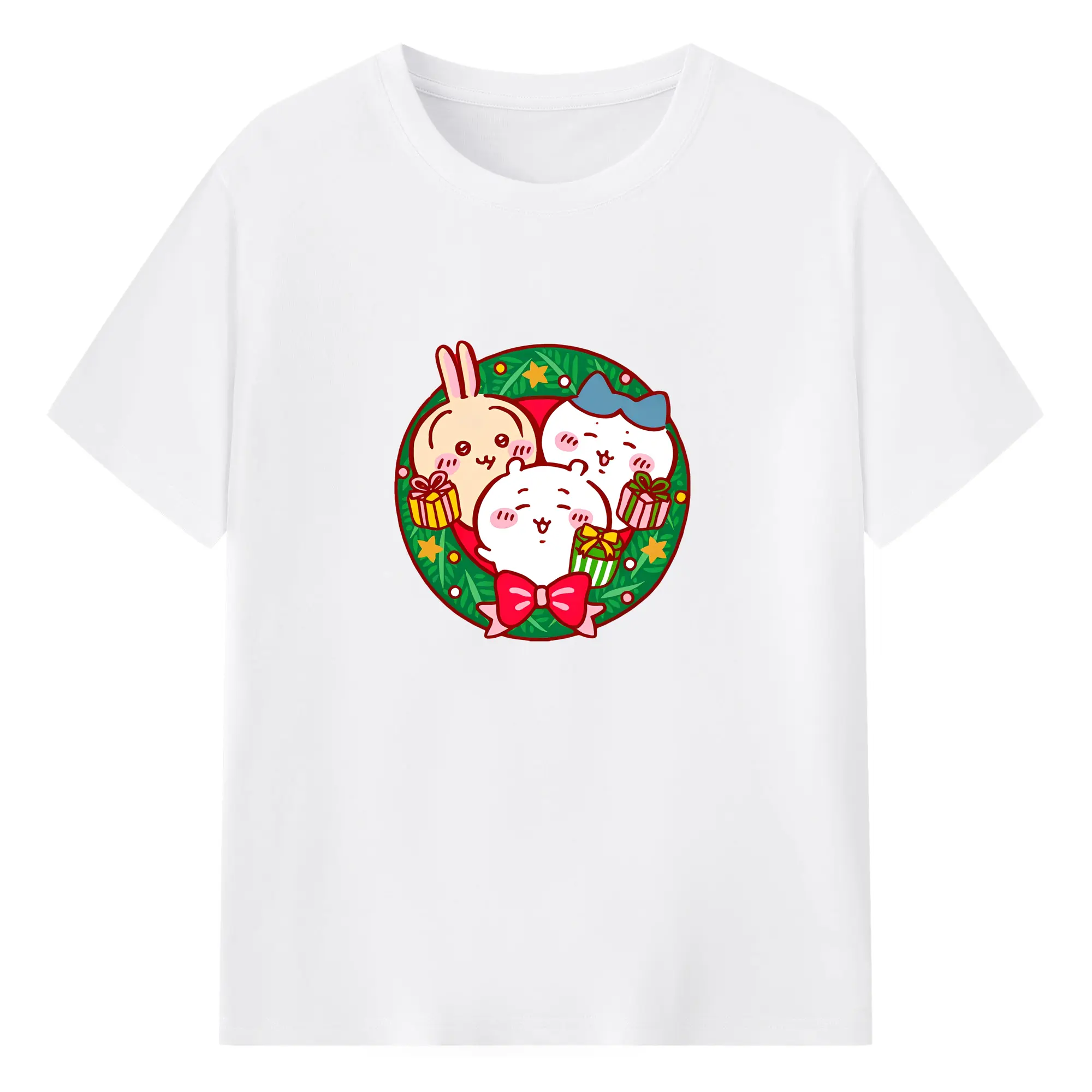 ちいかわ クリスマスリース柄🎀 Merry Christmasデザイン 人気急上昇 - 綿100％ 半袖Tシャツ ・ フロントプリント ・ 快適 通気性 ・ 日常使い 散歩 スポーツ用