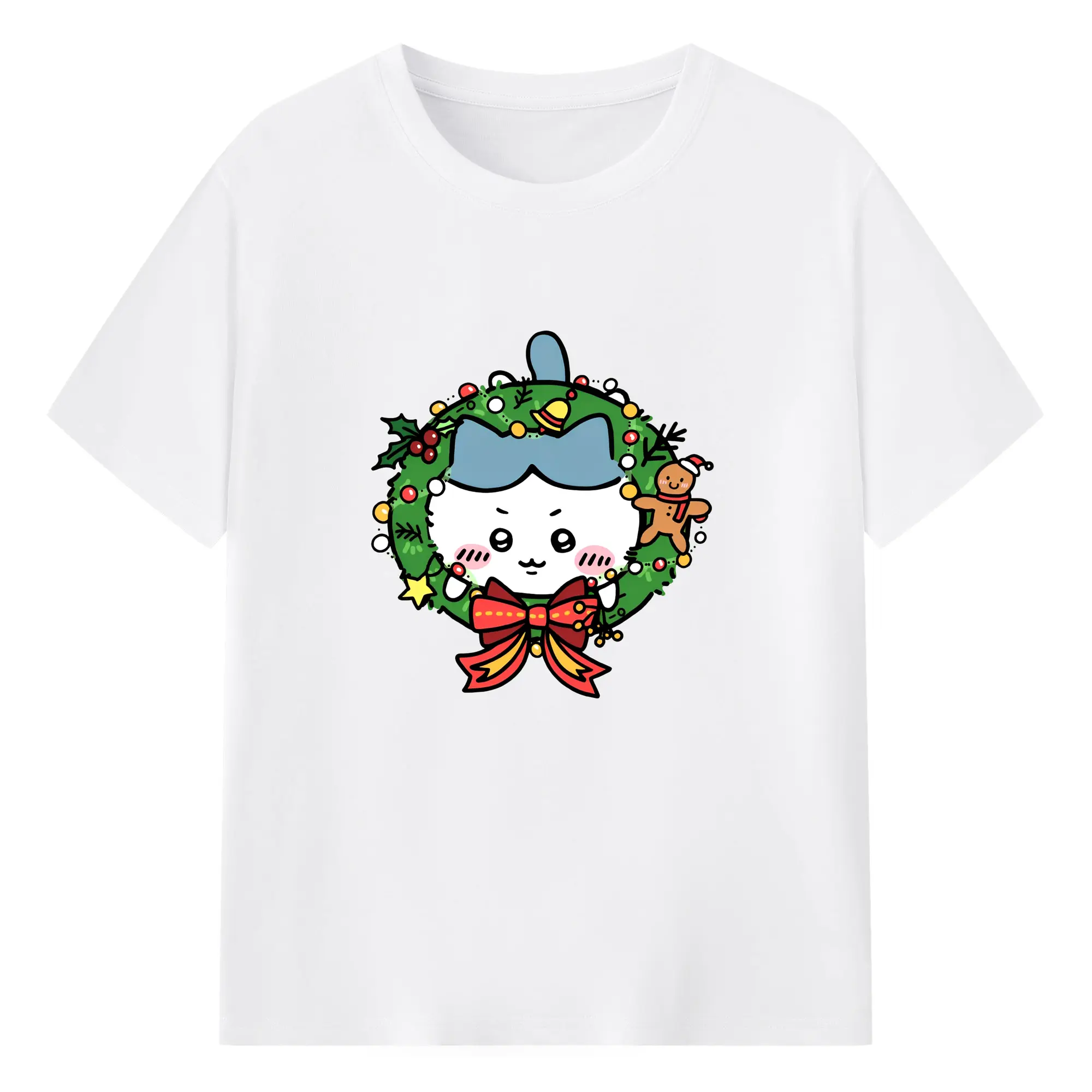 ちいかわ クリスマス花輪🎀 ホリデー気分満点の特別デザイン - 綿100％ 半袖Tシャツ ・ フロントプリント ・ 快適 通気性 ・ 日常使い 散歩 スポーツ用
