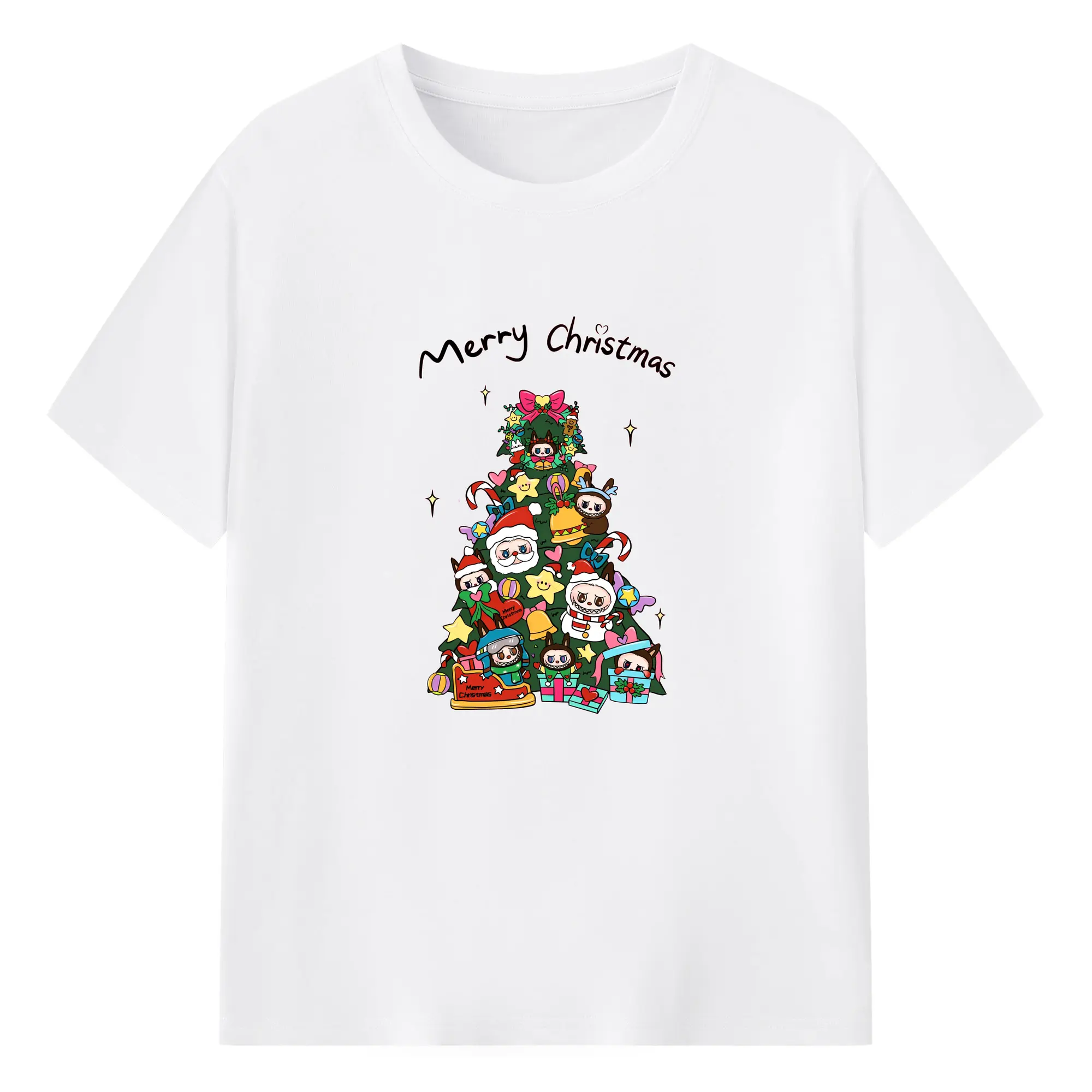 ラブブブ クリスマスツリー🎄 プレゼント入り可愛い冬デザイン - 綿100％ 半袖Tシャツ ・ フロントプリント ・ 快適 通気性 ・ 日常使い 散歩 スポーツ用