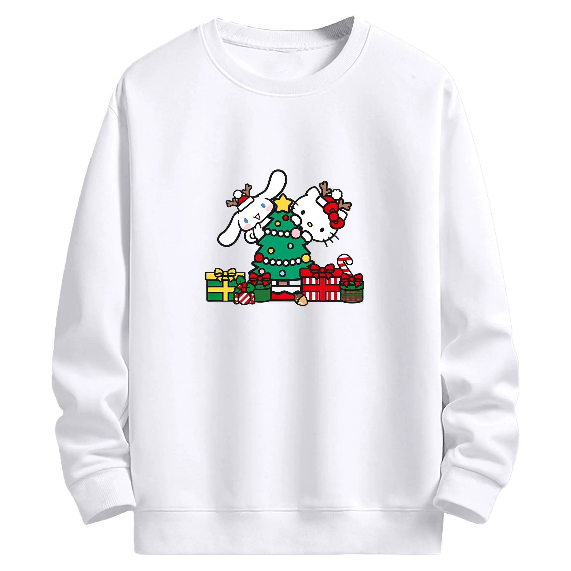 ハローキティ＆シナモロール クリスマス限定🎄 サンタ×ツリーの可愛い新作デザイン - 高品質 クルーネック スウェット ・ コットン59％ ポリエステル41％ ・ ユニセックス 長袖 トレーナー ・ カジュアル デイリー スポーツ 散歩用