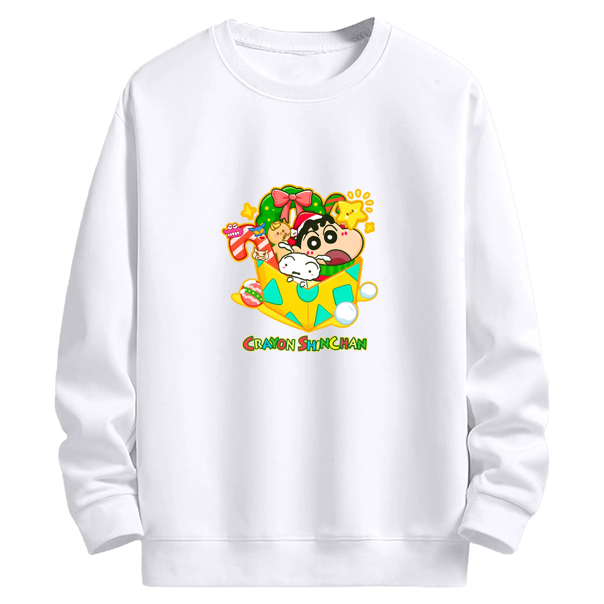 クレヨンしんちゃん クリスマス新作🎄 小新とツリー＆プレゼントデザイン - 高品質 クルーネック スウェット ・ コットン59％ ポリエステル41％ ・ ユニセックス 長袖 トレーナー ・ カジュアル デイリー スポーツ 散歩用