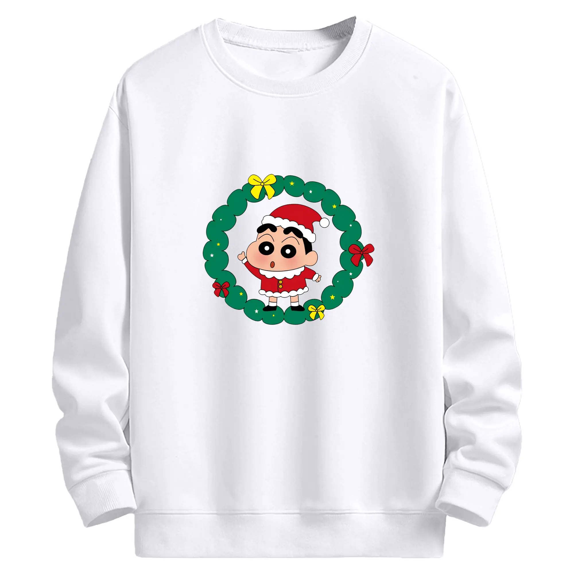 クレヨンしんちゃん クリスマスリース🎀 小新と花輪の可愛いデザイン - 高品質 クルーネック スウェット ・ コットン59％ ポリエステル41％ ・ ユニセックス 長袖 トレーナー ・ カジュアル デイリー スポーツ 散歩用