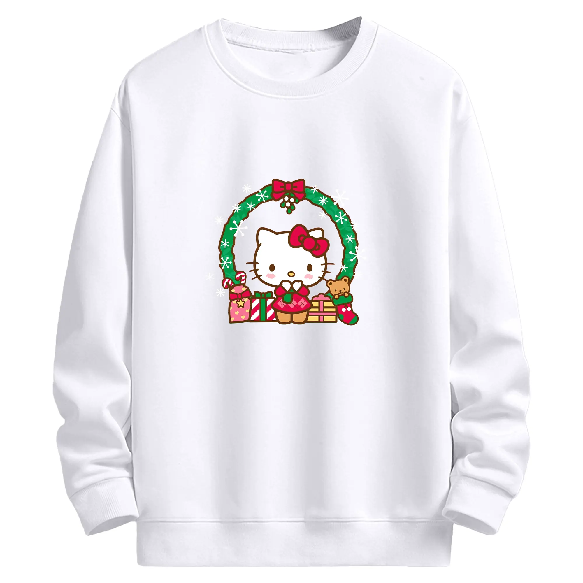ハローキティ クリスマス2025✨ サンタ風×花輪デコレーション - 高品質 クルーネック スウェット ・ コットン59％ ポリエステル41％ ・ ユニセックス 長袖 トレーナー ・ カジュアル デイリー スポーツ 散歩用