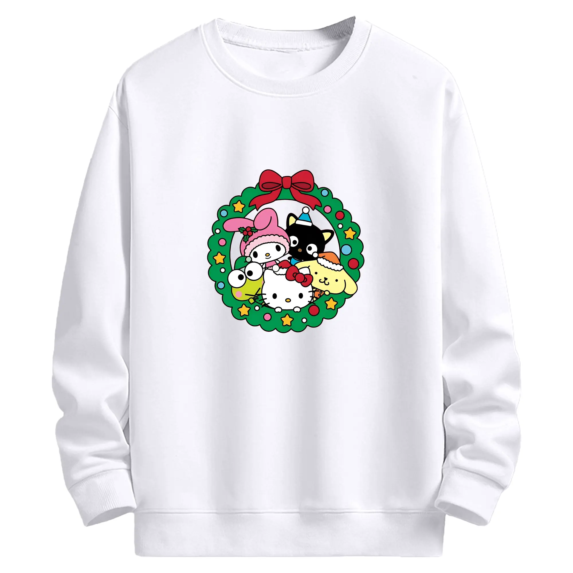 サンリオキャラ集合🎀 クリスマスリース柄 可愛すぎる季節限定シリーズ - 高品質 クルーネック スウェット ・ コットン59％ ポリエステル41％ ・ ユニセックス 長袖 トレーナー ・ カジュアル デイリー スポーツ 散歩用