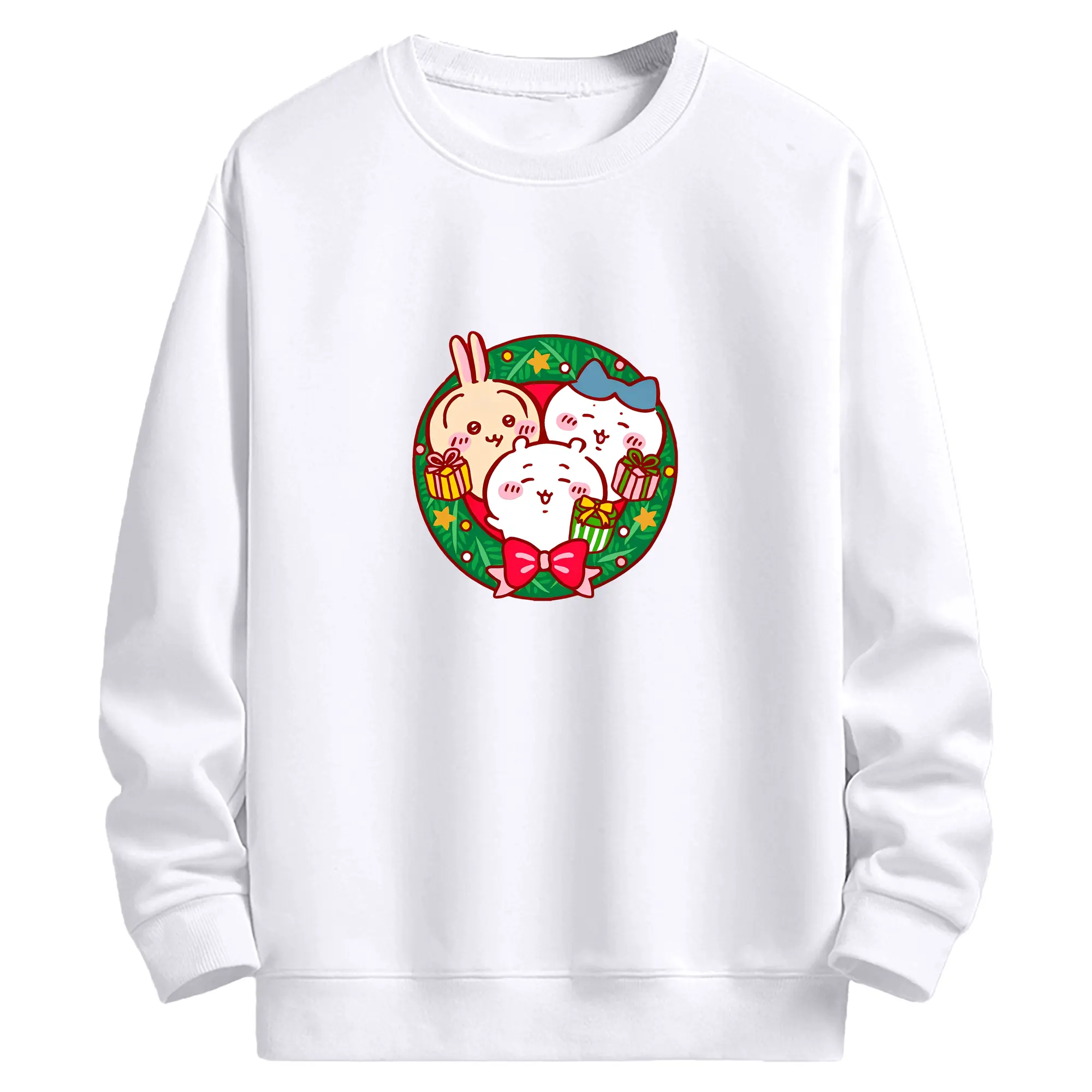 ちいかわ クリスマスリース柄🎀 Merry Christmasデザイン 人気急上昇 - 高品質 クルーネック スウェット ・ コットン59％ ポリエステル41％ ・ ユニセックス 長袖 トレーナー ・ カジュアル デイリー スポーツ 散歩用