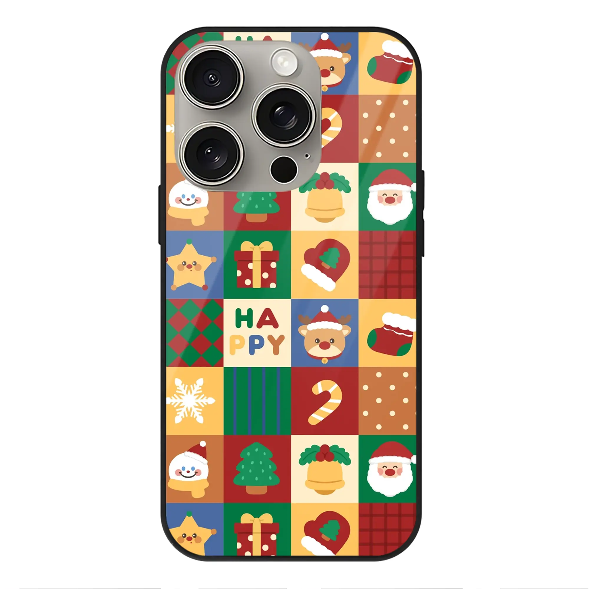 赤チェック柄クリスマス｜冬コーデにぴったり - IPhone15Pro対応 ・ スマホケース ・ 背面ガラス ・ TPU+強化ガラス ・ 耐衝撃 ・ 黄変防止 ・ ワイヤレス充電対応 ・ 3D立体ボタン