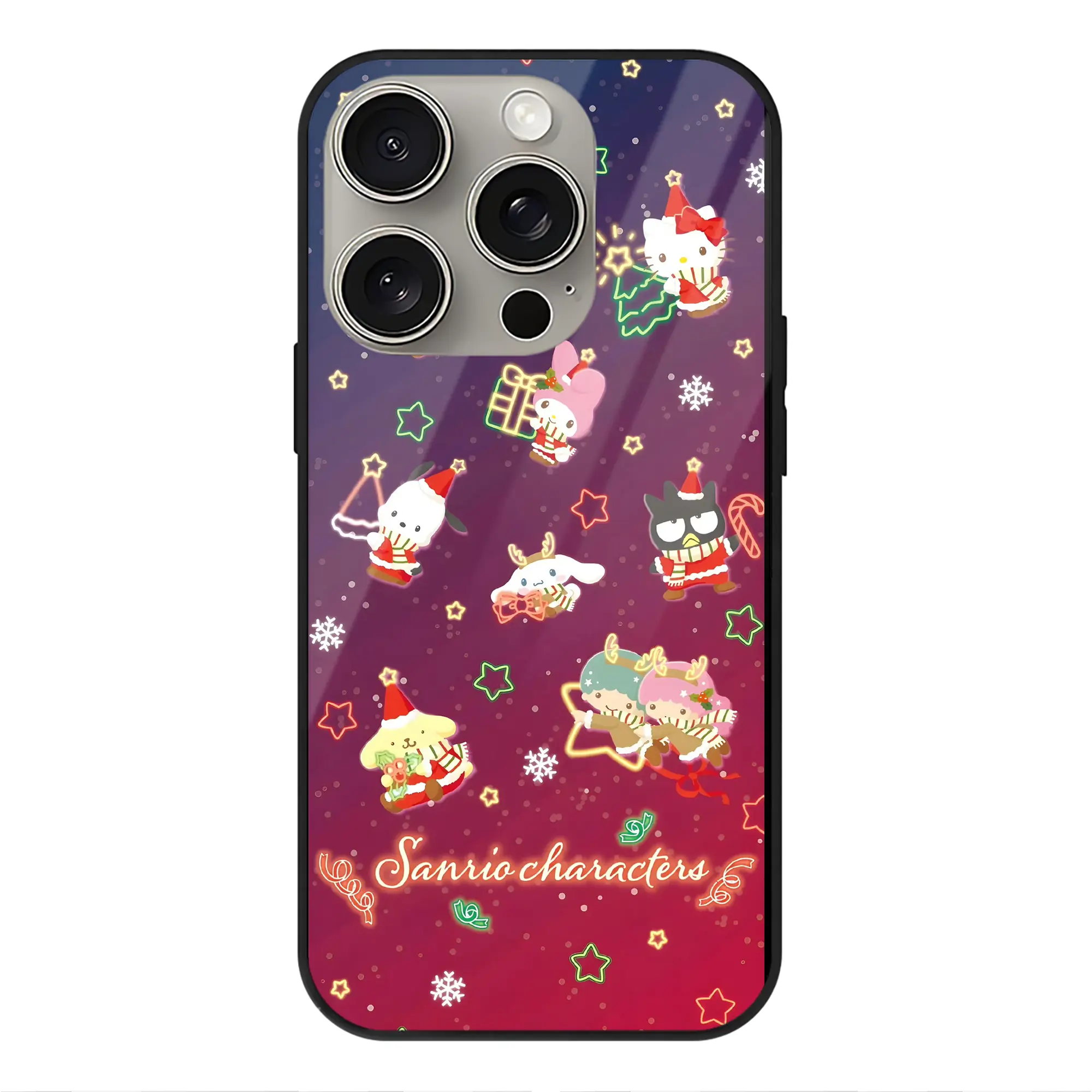 サンリオ×クリスマス限定スマホ｜冬新作 - IPhone15Pro対応 ・ スマホケース ・ 背面ガラス ・ TPU+強化ガラス ・ 耐衝撃 ・ 黄変防止 ・ ワイヤレス充電対応 ・ 3D立体ボタン