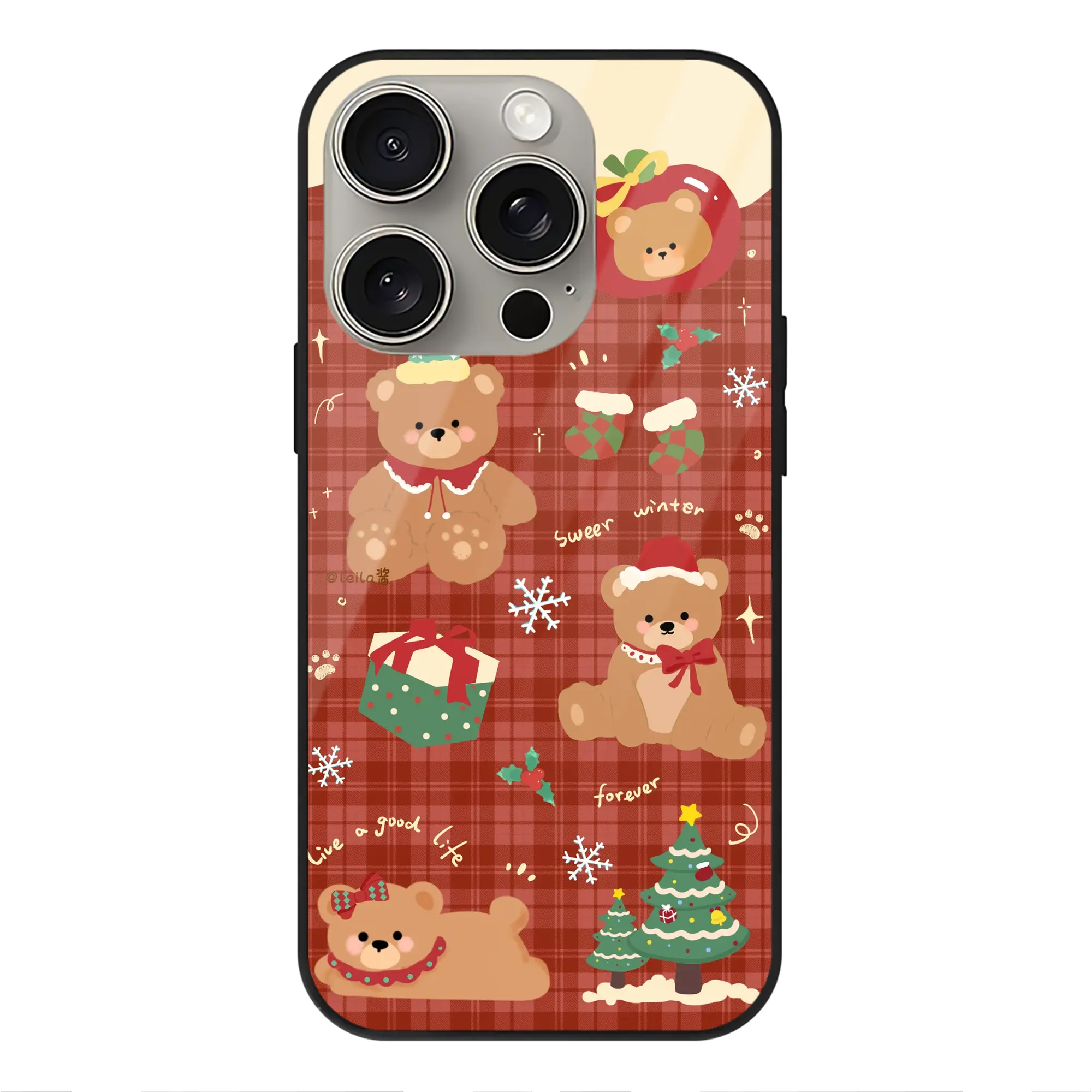 クリスマスくまスマホ｜冬限定 - IPhone15Pro対応 ・ スマホケース ・ 背面ガラス ・ TPU+強化ガラス ・ 耐衝撃 ・ 黄変防止 ・ ワイヤレス充電対応 ・ 3D立体ボタン