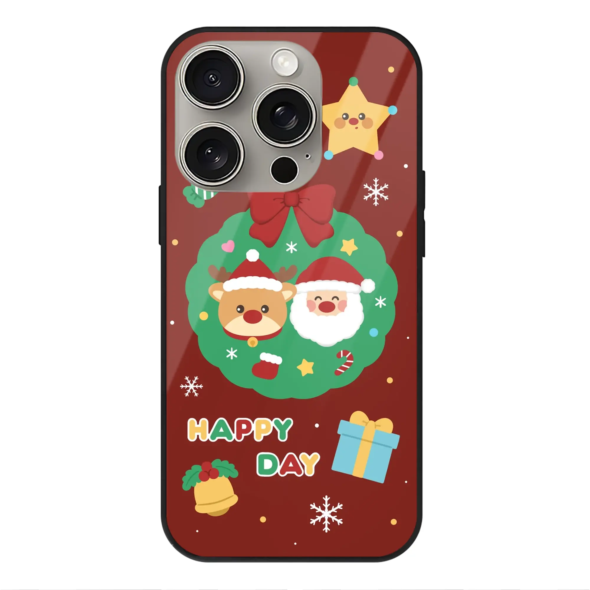 サンタ＆トナカイ柄｜可愛い冬限定デザイン - IPhone15Pro対応 ・ スマホケース ・ 背面ガラス ・ TPU+強化ガラス ・ 耐衝撃 ・ 黄変防止 ・ ワイヤレス充電対応 ・ 3D立体ボタン