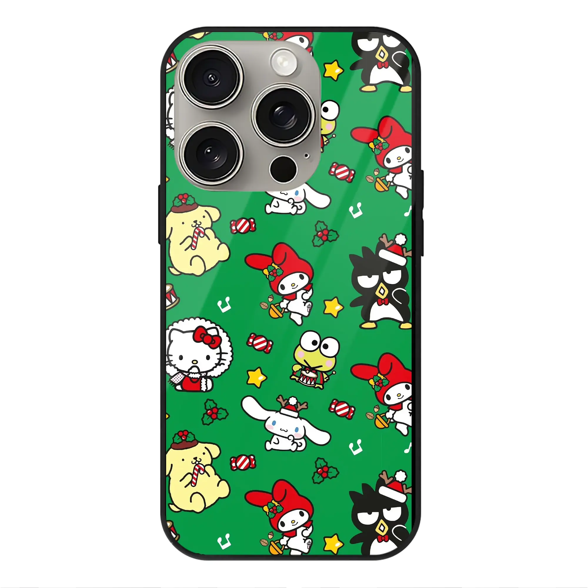 サンリオキャラ集合クリスマス｜ギフトに最適 - IPhone15Pro対応 ・ スマホケース ・ 背面ガラス ・ TPU+強化ガラス ・ 耐衝撃 ・ 黄変防止 ・ ワイヤレス充電対応 ・ 3D立体ボタン