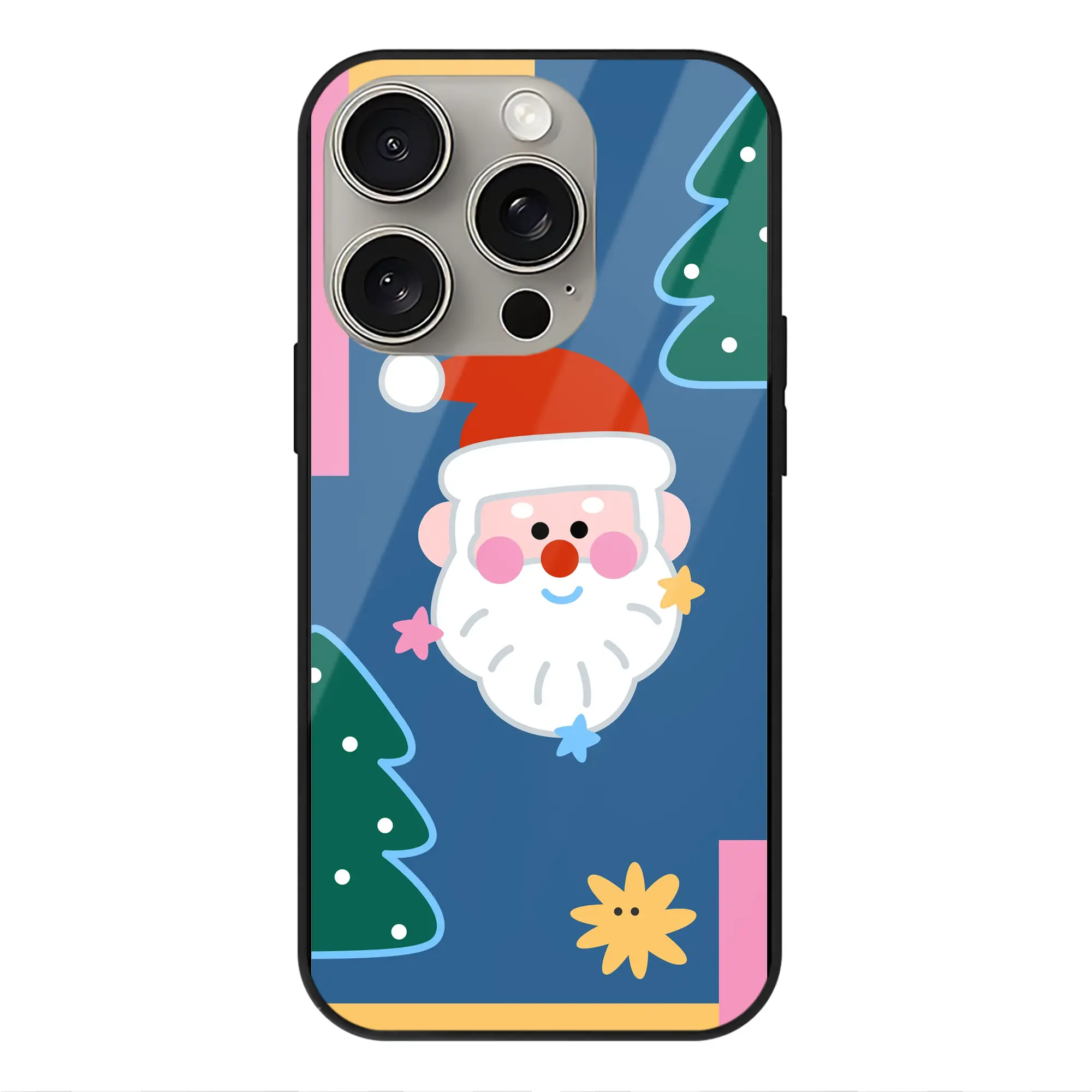 サンタクロース×クリスマスツリー｜冬限定デザインスマホ - IPhone15Pro対応 ・ スマホケース ・ 背面ガラス ・ TPU+強化ガラス ・ 耐衝撃 ・ 黄変防止 ・ ワイヤレス充電対応 ・ 3D立体ボタン