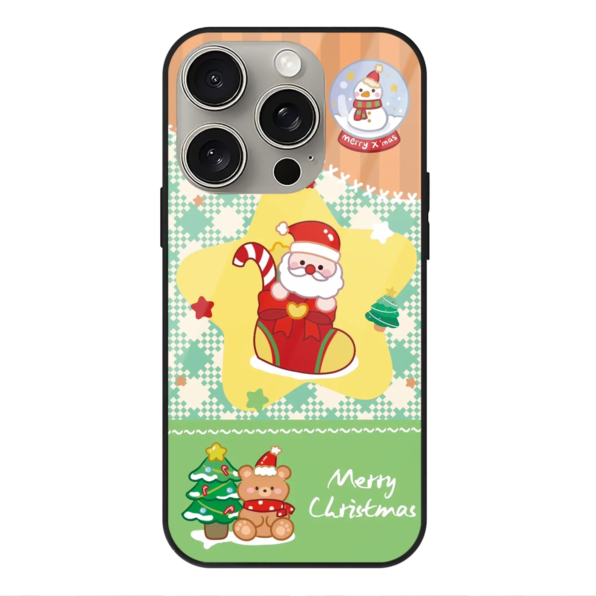 サンタ×雪柄｜季節感たっぷりの冬限定 - IPhone15Pro対応 ・ スマホケース ・ 背面ガラス ・ TPU+強化ガラス ・ 耐衝撃 ・ 黄変防止 ・ ワイヤレス充電対応 ・ 3D立体ボタン